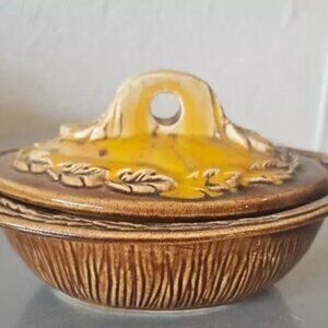 VTG CALIFORNIA POTTERY USA BROWN & ORANGE GLAZED COVERED DISH-HARVEST-FALL